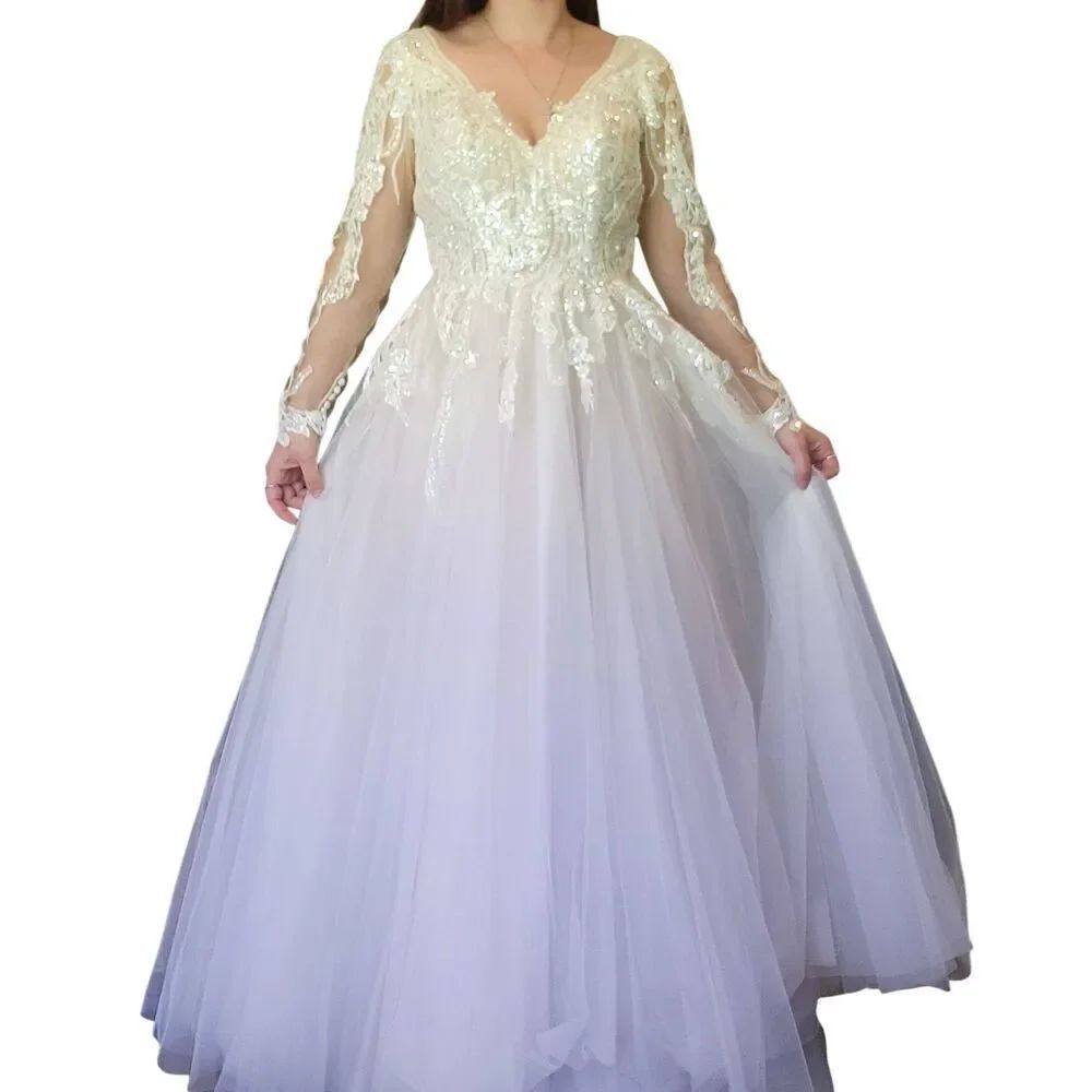 Allure Bridal Gown Women's 10 Wedding Dress Sequin Tulle Long Sleeve A Line Boho